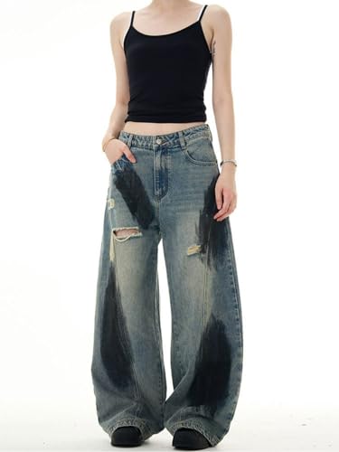 Jeans Pants Trousers Denim Trendy Street Personality Splashed Ink Graffiti Blue Ripped Casual Loose Wide Straight Leg for Men4