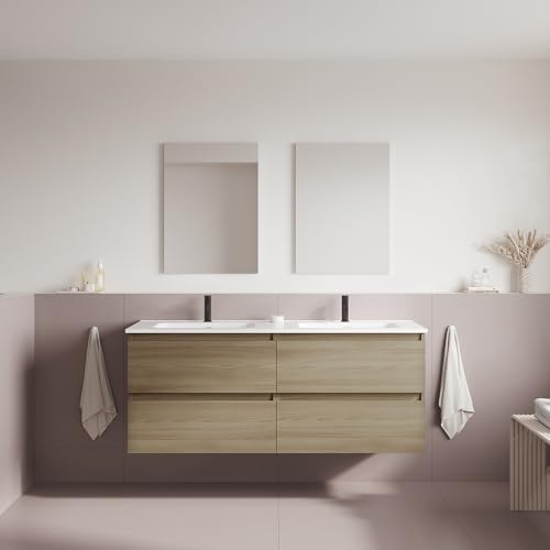 AMIZUVA - Conjunto de Mueble de Baño Serie Cheap Amplio, Acabado en Roble Arenado - Dimensiones 140x56x45 cm