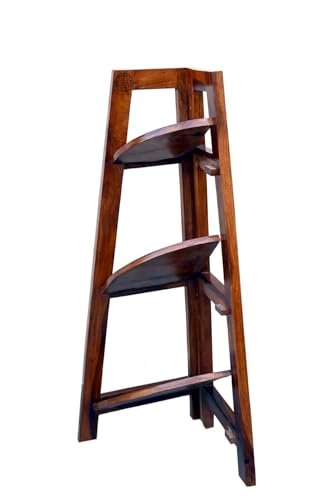 Image of Shyam Art & CRAFTSolid Sheesham Wood Corner Bookshelf | Wooden Ladder Style Corner Shelf for Living Room Office | Decorative Book Cabinet Storage Rack for Home Decor | Bookcase Stand (3-Tier)