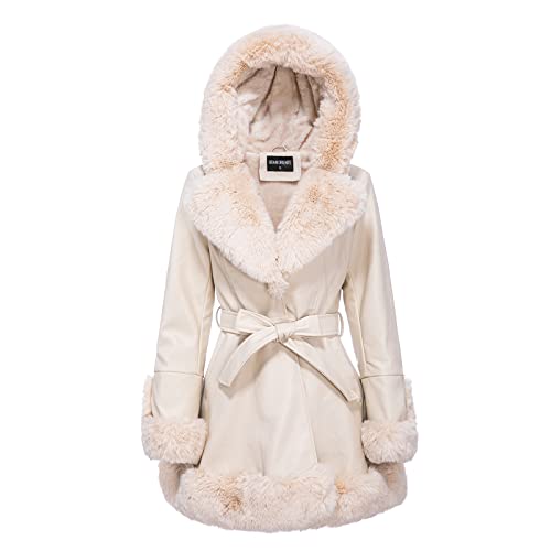 GRAN ORIENTE Faux Leather Jacket for Women with Faux Fur Collar Long Sleeve Furry Parka Outerwear with Hood Warm Lined Winter Coat with Belt (GK024 Beige M)