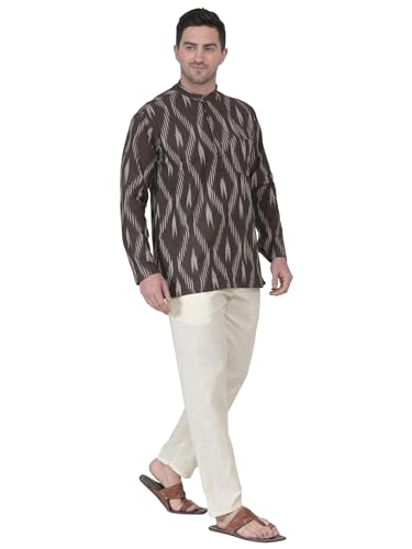 Men's Cotton Short Kurta Pant Handloom Shirt with Pocket Long Sleeve Casual Dress Gifts Items3