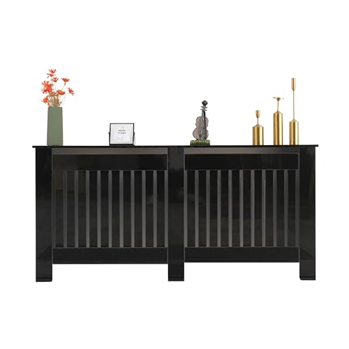 FUSIDE High Gloss Black Radiator Cover Cabinet Modern Chipboard Heating Cover with Display Top Vertical Slat Design for Living Room Bedroom Hallway (M(L111.5 x W19 x H85 cm))