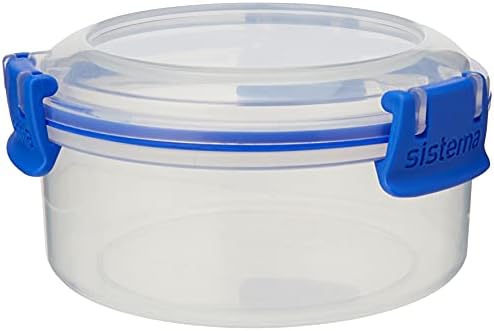 Sistema 1380 KLIP IT Round Food Storage Container with Straining Basket, Clips, 1 Litre, Transparent/Blue, 1 L