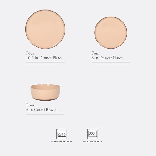 Image of Gibson Elite Northrock Stoneware Dinnerware Set, 12-Piece Service for 4 Plates and Bowls Set - Pink Dishes with Hand-Painted Terracotta Base