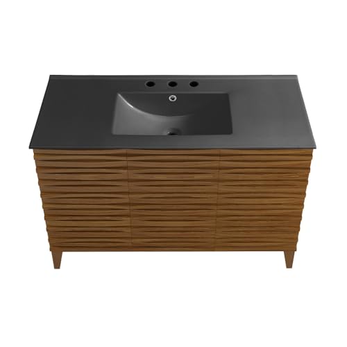 Image of Swiss Madison Cascade 48 in. Brown Oak Bathroom Vanity with Black, 3-Hole Ceramic Sink Top