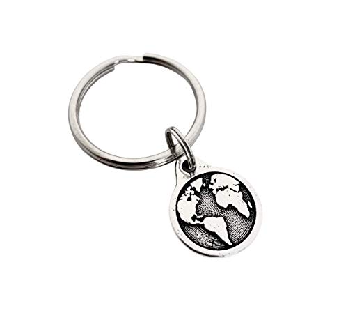 Travel The World Pewter Pendant Key Chain - Pewter World/Earth on Round Stainless Steel Key Ring