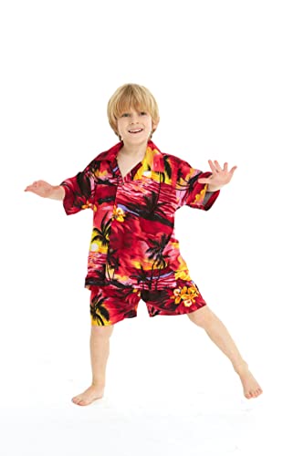 Image of Hawaii Hangover Family Matching Hawaiian Clothes, Sunset Red | Family matching Hawaiian outfits, Sunset Red, lightweight rayon, machine washable, tropical floral print, luaus, cruises