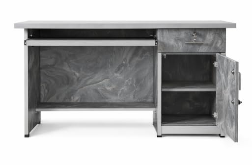 Image of Furniture Shoppe Executive Study Desk with Grey Textured Finish Lock and Key Drawer and Side Cabinet StorageSET