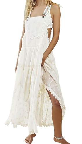 Image of CHARTOU Women Bib Overall Dress Jumper Babydoll Pinafore Dress Embroidered Lace Maternity Straps Suspender Dress