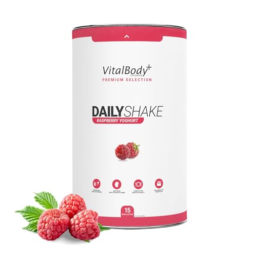 VitalBody+ DailyShake, Raspberry Yoghurt, 450 g, Mahlzeitenersatz-Shake zum Abnehmen, 15 Mahlzeiten, nur 250 kcal pro Shake, vollwertig & kalorienarm ersetzen
