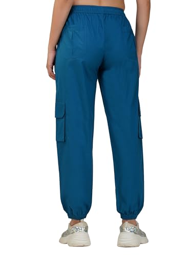 Image of fabcoast Multi-Pocket Cargo Cotton Poplin Jogger Pants for Women Summer Wear Full Elastic with Drawstring and 2 Side Pockets, 2 Back Pockets and 2 Leg Pockets