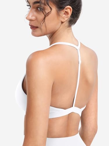 Image of YEOREO CoreFlex Sports Bras for Women Strappy Padded Halter Open Back Light Impact Deep V Neck Yoga Workout Gym Tops