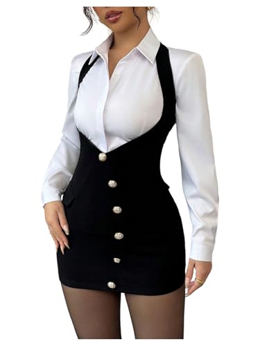 Floerns Women's Elegant Suspender Skirts High Waist Button Bodycon Overall Dress