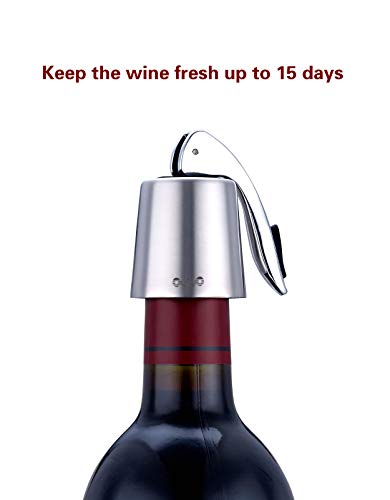 OWO Wine bottle Stopper with Stainless Steel, Wine Preserver, Decorative Wine Saver Vacuum Plug with Silicone, Expanding Beverage Bottle Stopper, Reusable Wine Cork Keeps Wine Fresh (Silver)