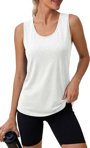 PINSPARK Damski sportowy tank top bez rękawów, oddychający top z siateczki, na siłownię, lekki top sportowy, luźny top do jogi, biały, M