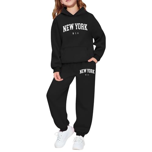 Image of Girls' Long Sleeve Letter Print Hoodie Sweatshirt, Soft Cotton Blend Pullover for Casual Daily Wear, Outdoor Play, and School Activities, Lightweight Cozy Top (Black, 9-10 Years)
