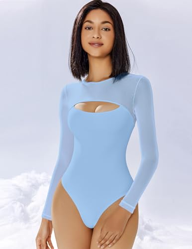 Image of Avidlove Bodysuits for Women Round Neck Long Sleeve Mesh Bodysuit | Sexy Sheer Top Double Lined Shapewear Cutout Shirt