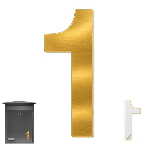 Numero 1 casa, Número Uno hogar, Número 1 para puerta, Número para pared, Número 1 buzón, Acero inoxidable 304, 75 mm alto x 41 mm ancho, Adhesivo, Dorado