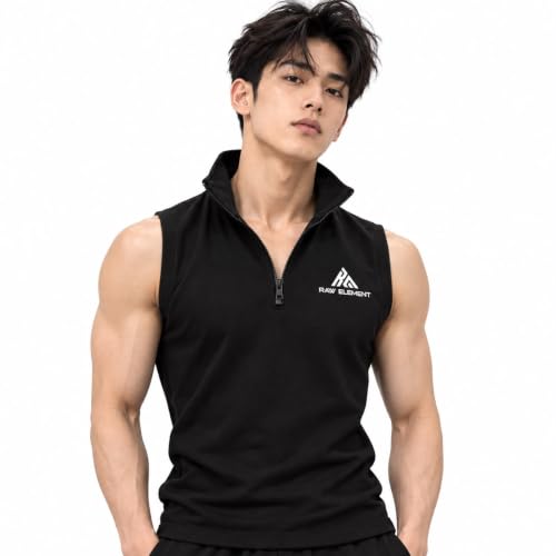 Image of Men's Sleeveless Half Zip Gym T-Shirt - Black Stand Collar Athletic Training Top | Regular Fit Sports Tank Top