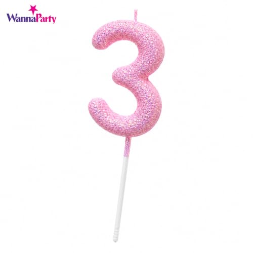 Image of Wanna Party Glitter Designer Pink Number 3 Birthday Candle, Numerical Cake Candle for 3rd Birthday, Cake Cutting, Party Decoration & Celebration Supplies - 1PC