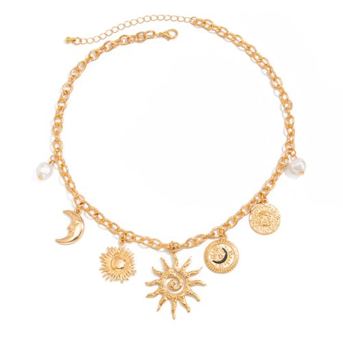 PLOUTOS Gold Celestial Pendant Necklace for Women Layered Chunky Chain Sun Moon Star Charms Statement Boho Fashion Jewelry Gift For Women Party Date (Gold)