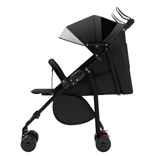 Cochecito ligero y compacto, ultraligero, reclinable, posición cochecito plegable, paraguas ajustable, desde el nacimiento hasta 22 kg, cojín de algodón + mosquitera, negro