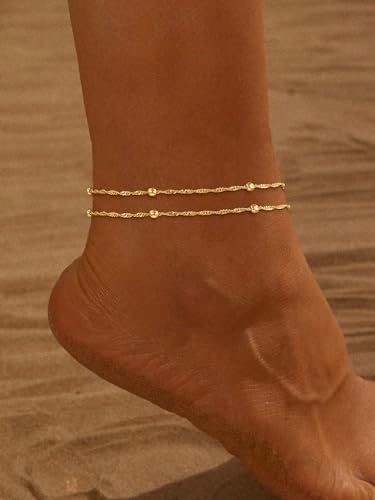 Image of Gold Ankle Bracelets for Women,14k Gold /Silver Plated Waterproof Layered lightweight Cuban Link Figaro Chain Heart anklet Bracelets Set Gold Anklets for women Trendy Jewelry Gift