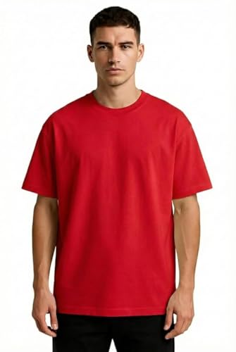 Image of VEL Plain Oversized 100% Pure Heavy Cotton Baggy Fit Drop Shoulder Half Sleeves Round Neck Solid Cotton T-Shirt for Men