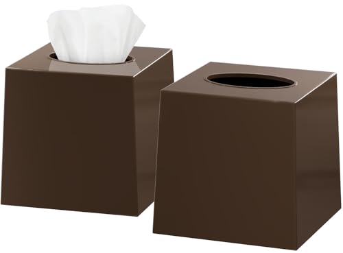 Brown Tissue Box Cover Square - Plastic Facial Tissue Box Holder Set of 2 - Decorative Cube Tissue Holder Dispensers Fit Any Vanity Countertop, Bedroom Dresser, Office Desk or Brown Bathroom Decor