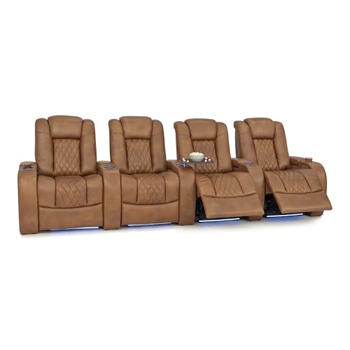 Image of Seatcraft Virtuoso LT Tawny Italian Leather Home Theater Seating, Zero Gravity Power Recliner, Powered Headrest and Lumbar Gaming and Home Office Chair, Heat and Massage Lounge Sofa, Row of 4