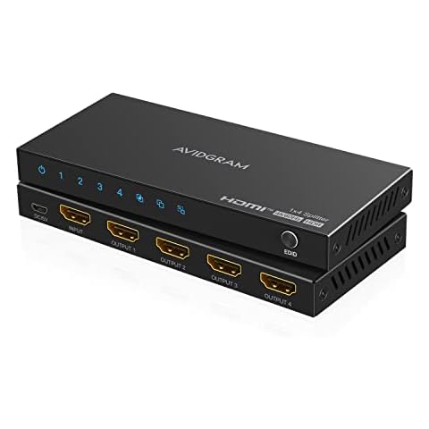 HDMI Splitter 1 in 4 Out 4K 60Hz 4:4:4, AVIDGRAM HDMI 4 Port Splitter with Copy, Downscaler and Auto Mode for Dual Identical Display Support 1080p 120Hz HDMI2.0 HDCP 2.2 HDR10 18Gbps 3D for Xbox, PS5 Cover