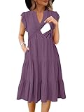 CzzzyL Nursing Dresses for Women Ruffled Hem Sleeveless Ruffle Sleeve V Neck A-Line High Waist Solid Swing with Pockets(Purple,X-Large)