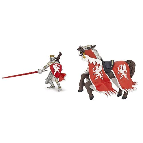 Papo-Set of 2 Figurines Collection - Medieval- Fantasy - Red Dragon King Figure+ Red Dragon King's Horse Figure