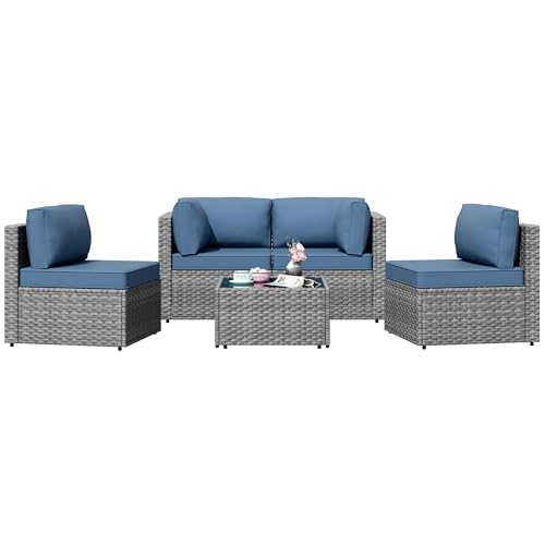 Patio Furniture Sets, 5 Piece Outdoor Sectional Sofas, Wicker Rattan Outdoor Furniture Patio Conversation Set, All-Weather PE Rattan Outdoor Couch for Backyard, Garden, Gray & Aegean Blue
