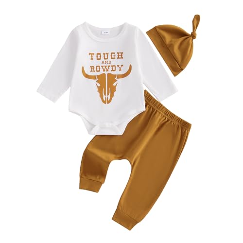Image of Frietlebird Newborn Baby Boy Western Clothes Long Sleeve Letter Cow Print Romper and Pants with Hat Coming Home Outfit 3Pcs