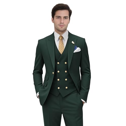 Suits for Men Slim Fit 3 Piece Peak Lapel Double Breasted Gold Buttons Wedding Prom Jacket Vest Pants