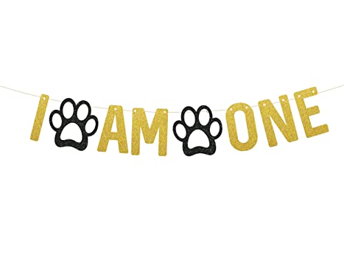 Image of Glitter I Am One Puppy Banner, 1st Birthday Dog Supplies, Pet Party Decorations, Gold and Black