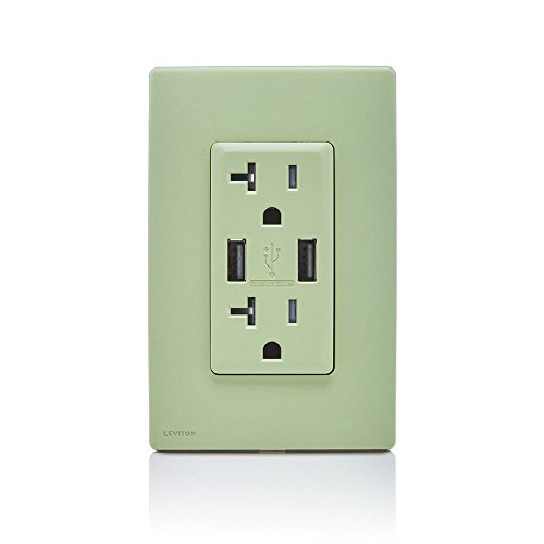 Leviton Renu USB Charger/Tamper-Resistant Duplex Outlet, 20A-125VAC, RUAA2-PS, Prairie Sage by Leviton - Used condition - Image 2