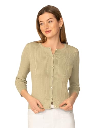Image of Cable & Gauge 3 /4 Sleeve Cardigan for Women, Crew Neckline & Button Down Front, Stitch Detail