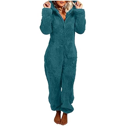 Ydsxlp Jumpsuit Women's Winter Warm Cuddly Cat Ears Patchwork Onesie Long Sleep Overall Pyjamas Teddy Fleece Pyjamas One Piece Full Body Suit Fluffy Leisure Suit with Hood, C Green, XXXXL Cover