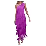 LOVSSU Vestido Flecos Vestido Elegante con diseño de borlas y Flecos for Noche for Mujer, Largo de un Hombro, for cóctel, Fiesta de graduación y Baile. para Mujer(Purple,XL)
