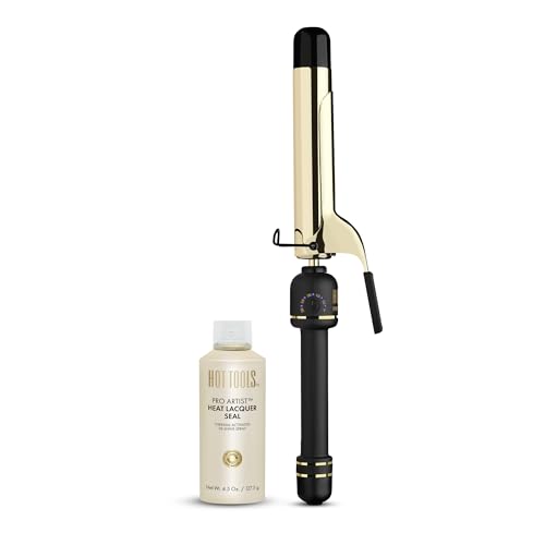 HOT TOOLS 24K Gold Professional 1.25” Extended Barrel Curling Iron and Heat Protectant Hi-Shine Spray - 24K Gold Technology for Long-Lasting Results and Spray Makes Hair Shinier, Minimizes Frizz