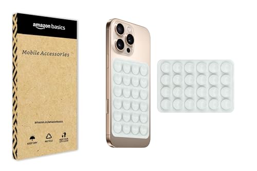 Image of amazon basics Suction Phone Case Anti-Slip Silicone Multipurpose Hands-Free Sticky Pads for Phone Case Mount for Selfies Videos Mirror Shower Car Dashboard - White (1 Piece)