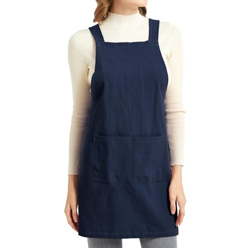 ELEZAY Aprons for Women with Pockets Unisex Comfort Cross Back No Tie Cotton Linen Apron Pinafore for Cooking Painting Floral Arrangement Gardening Cleaning Navy, Large