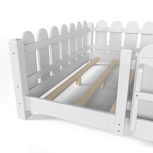 Bellemave Full Size Floor Bed with high Rails and with Built-in Bookshelf for Kids, Girls, Boys, Wood Montessori Floor Bed Farm Style Design, White by Bellemave - Used condition - Image 8