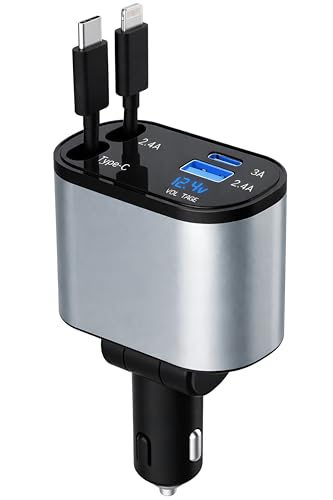 Image of Upix 4-in-1 Retractable Car Charger 120W Super Fast Charging, Dual Ports Car Adapter with Type-C & Lightning Cable for iPhone, Android, ipad - Compact & Tangle-Free