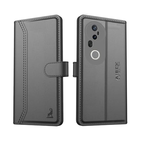 Image of AIBEX Compatible for Vivo T4 Ultra 5G Flip Cover Leather Finish with Magnatic Closure | Inside TPU with Card Pockets | Wallet Stand | Complete Protection Flip Case -Black