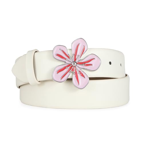 Women’s White Belt with Flower Buckle Cute Pink Blossom White Belt for Dresses, Jeans, Outfits