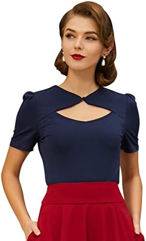 Vintage Retro Blouse Short Sleeve Hollwed Out Tops for Party Dance Navy Blue, Size XL