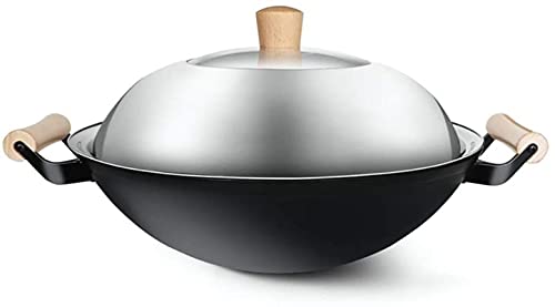 Wok de hierro fundido grande 36 cm con tapa de vidrio